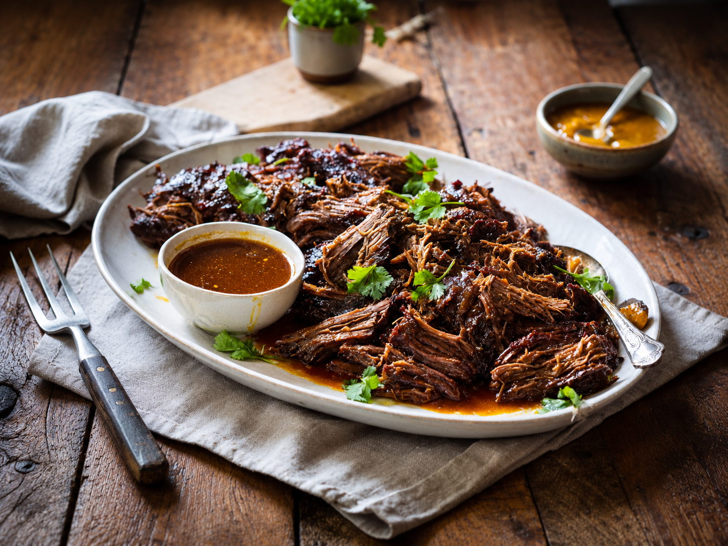 Slow-Cooked Beef Brisket with Homemade BBQ Sauce on a wooden table