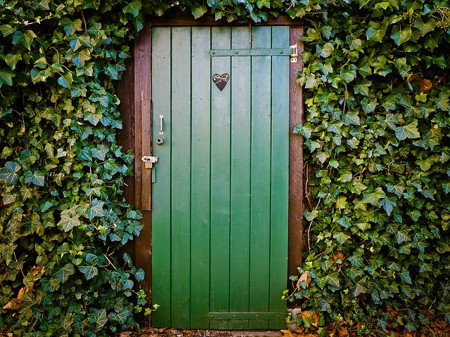 Toilet door hidden in an ivy wall. Blog: turning into my mother