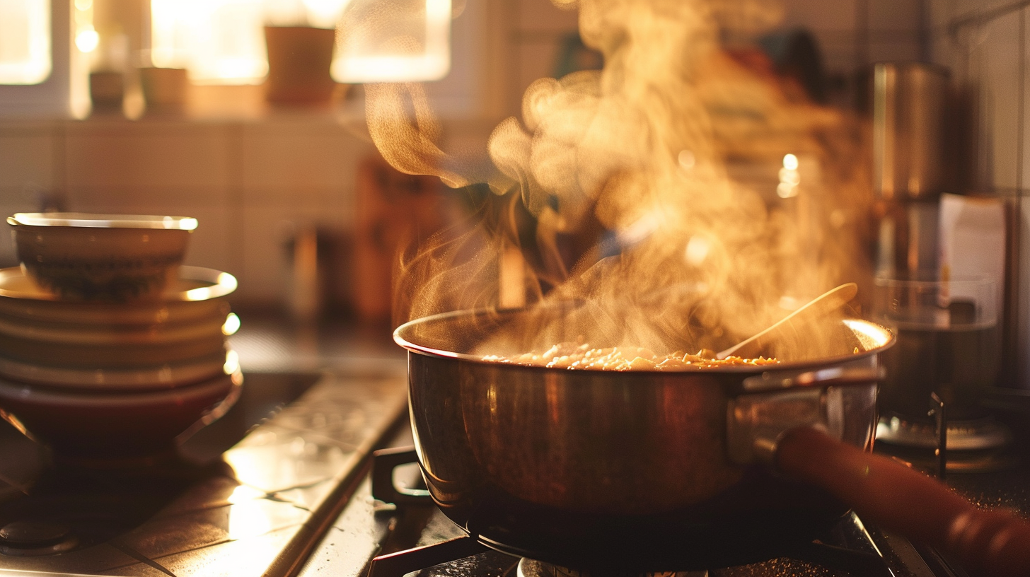 A pot of curry sits on the stove top with a wooden spoon sticking out of it. There are bowls sitting nearby and the late afternoon sun is coming through the window behind.