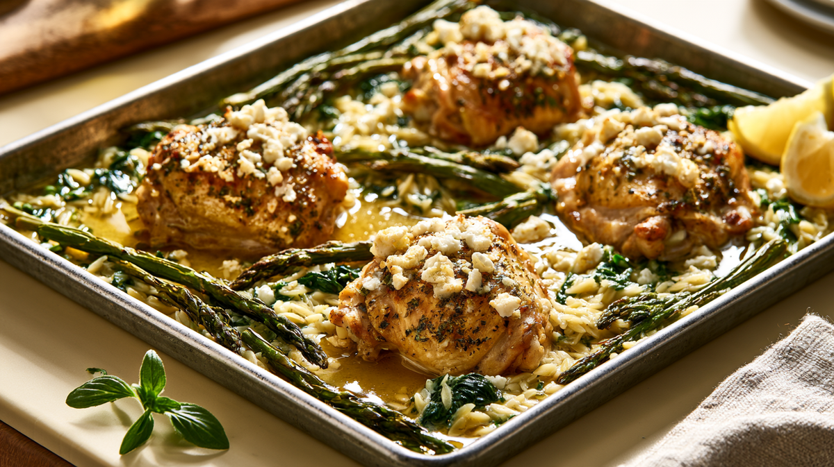 A tray of roasted chicken thighs with risoni and asparagus.