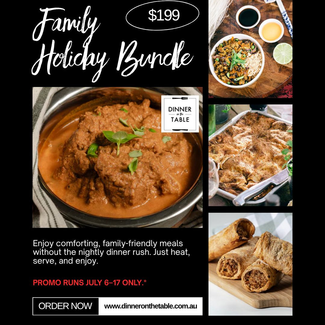 Butter Chicken, Singapore Noodles, Beef Lasagne and Sausage Rolls pictured: these plus Meatballs in Classic Tomato Sauce make up our delicious Family Holiday Bundle.