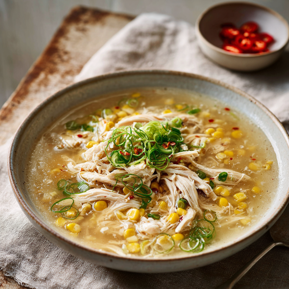  A bowl of chicken & corn soup with green onions on a rustic wooden table.