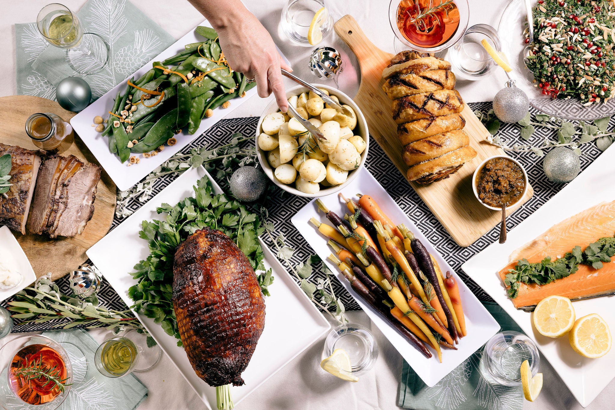 Holiday feast with turkey, salmon, pork & salmon.