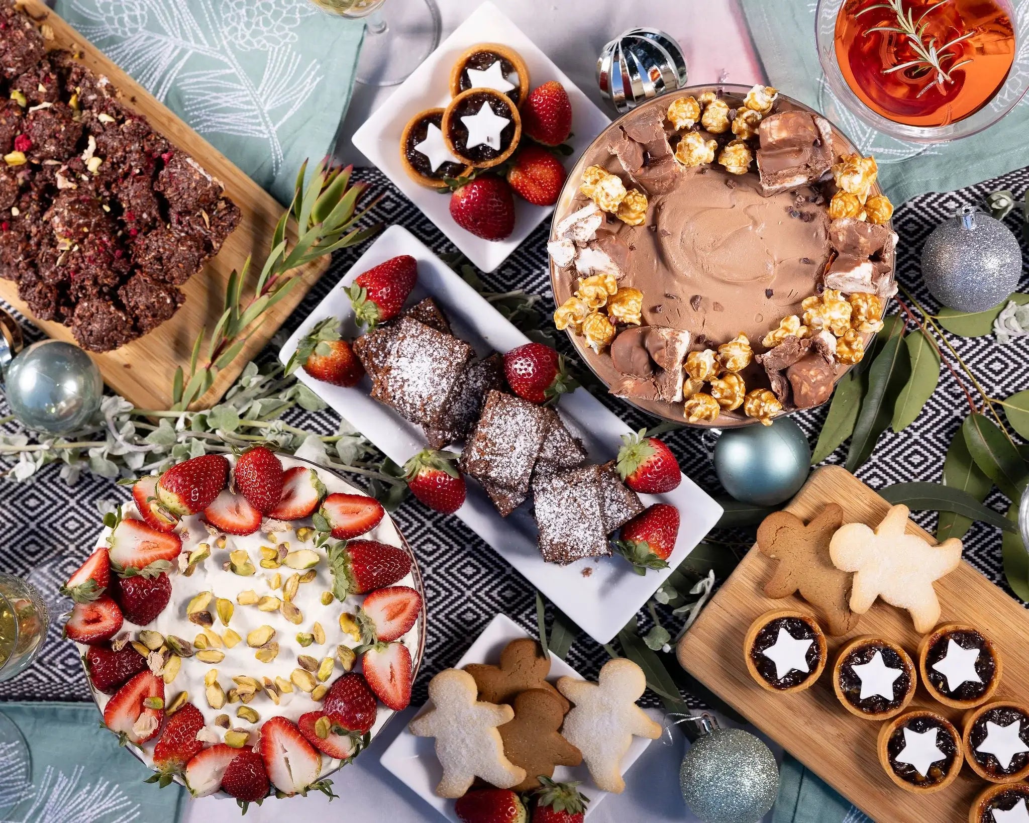 Holiday dessert table with various sweets