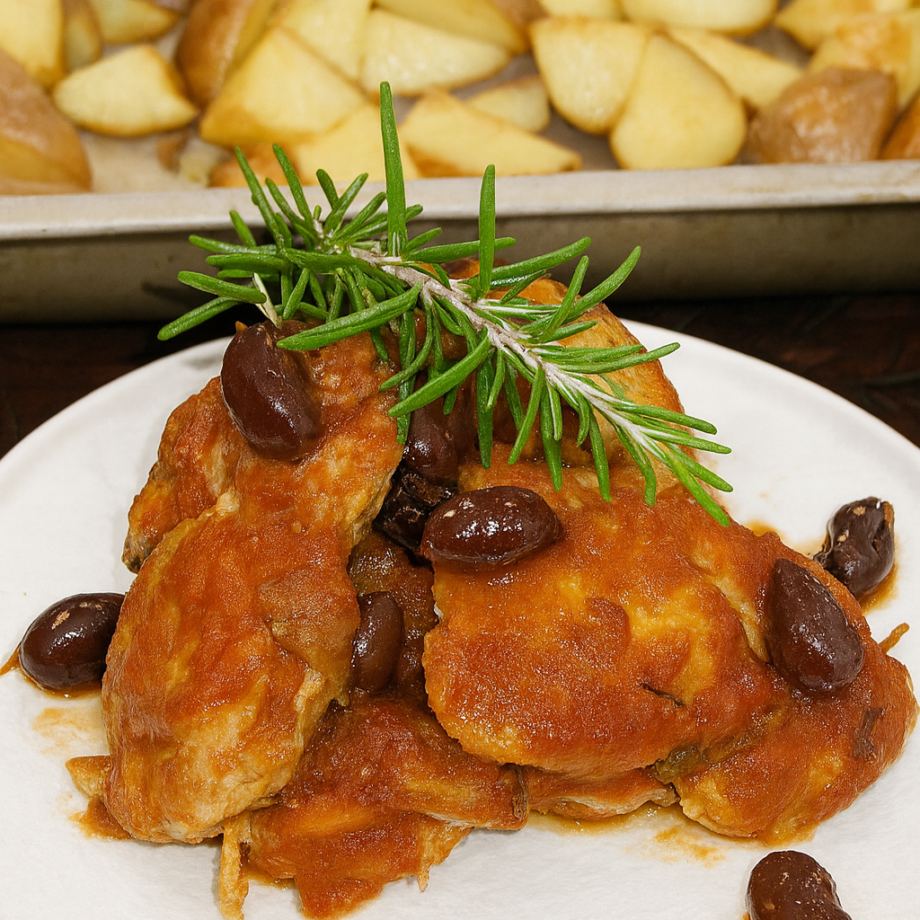 A dish of chicken with tomato, olives & rosemary. There are roast potatoes in the background.